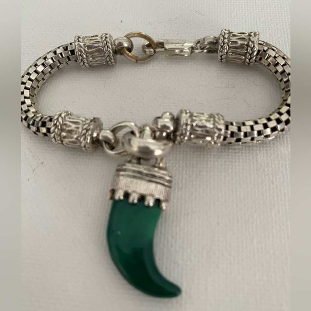 Bracelet Silver 925 Square Mesh With Lucky Horn Green Agate